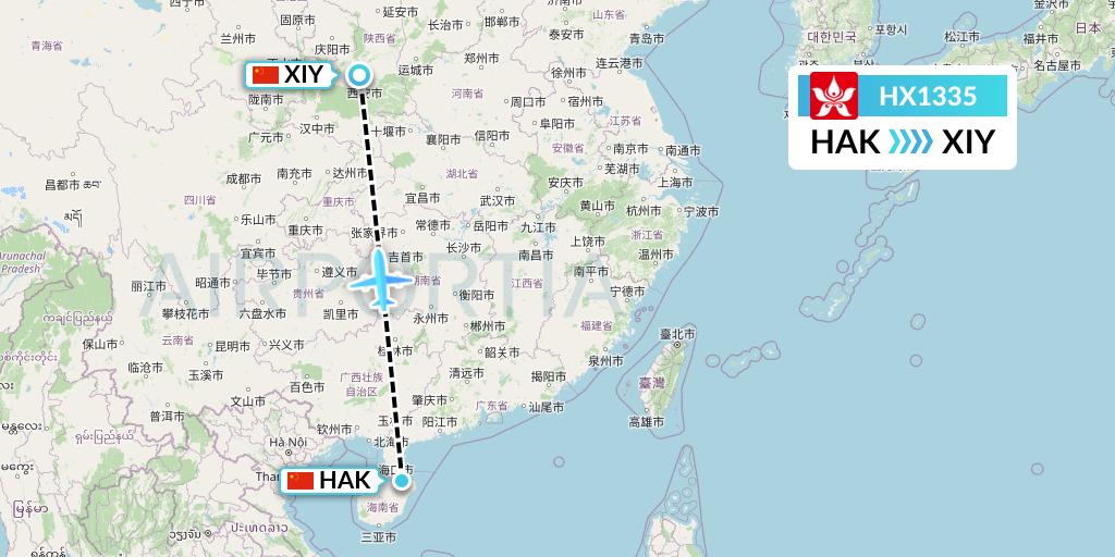 HX1335 Hong Kong Airlines Flight Map: Haikou to Xi'an