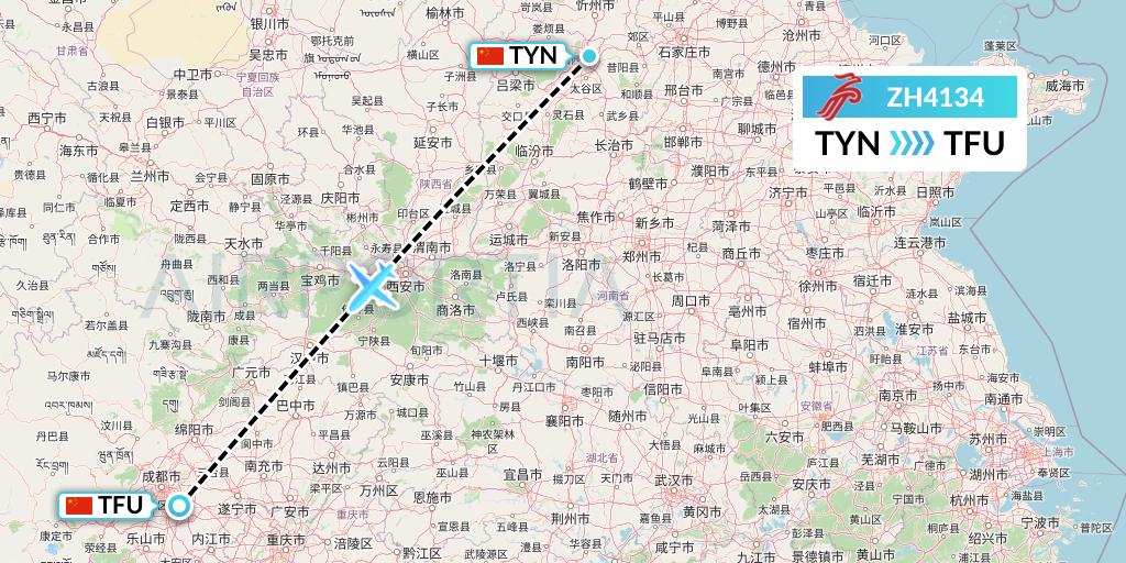 ZH4134 Shenzhen Airlines Flight Map: Taiyuan to Chengdu