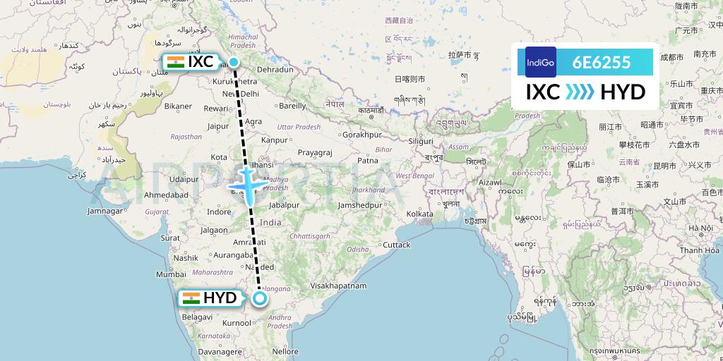 6E6255 IndiGo Airlines Flight Map: Chandigarh to Hyderabad