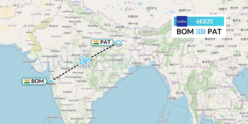 6E825 IndiGo Airlines Flight Map: Mumbai to Patna