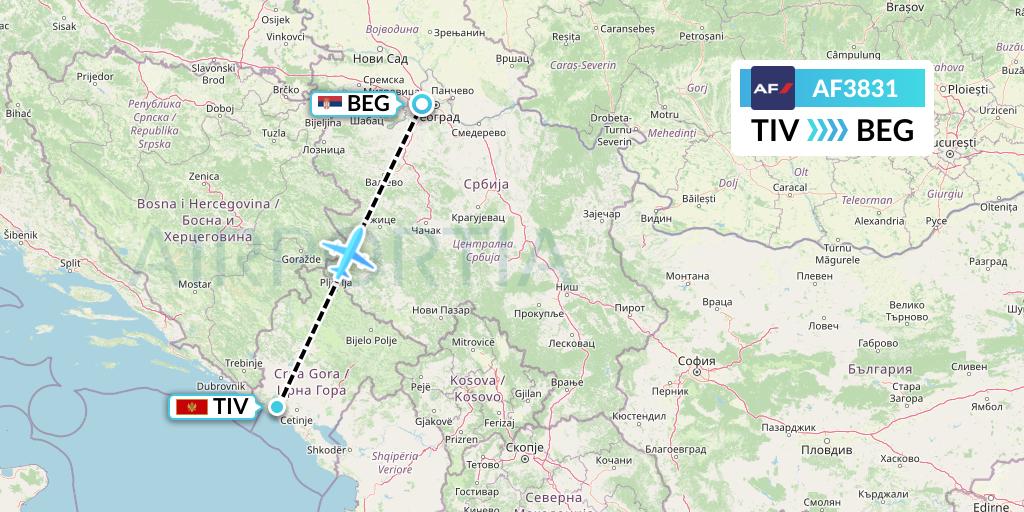 AF3831 Air France Flight Map: Tivat to Belgrade