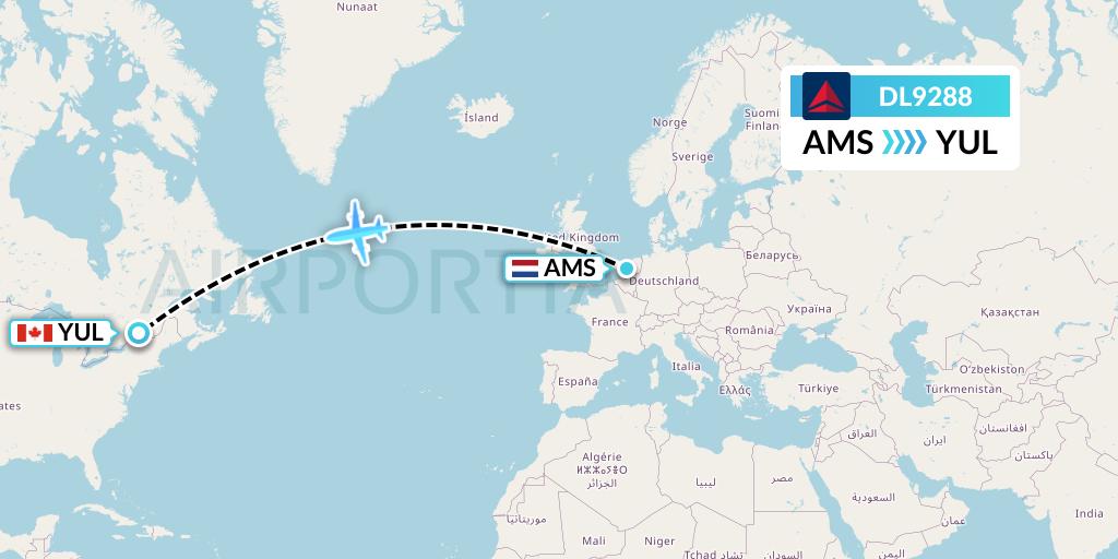 DL9288 Delta Air Lines Flight Map: Amsterdam to Montreal