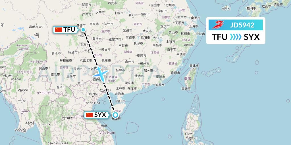 JD5942 Capital Airlines Flight Map: Chengdu to Sanya