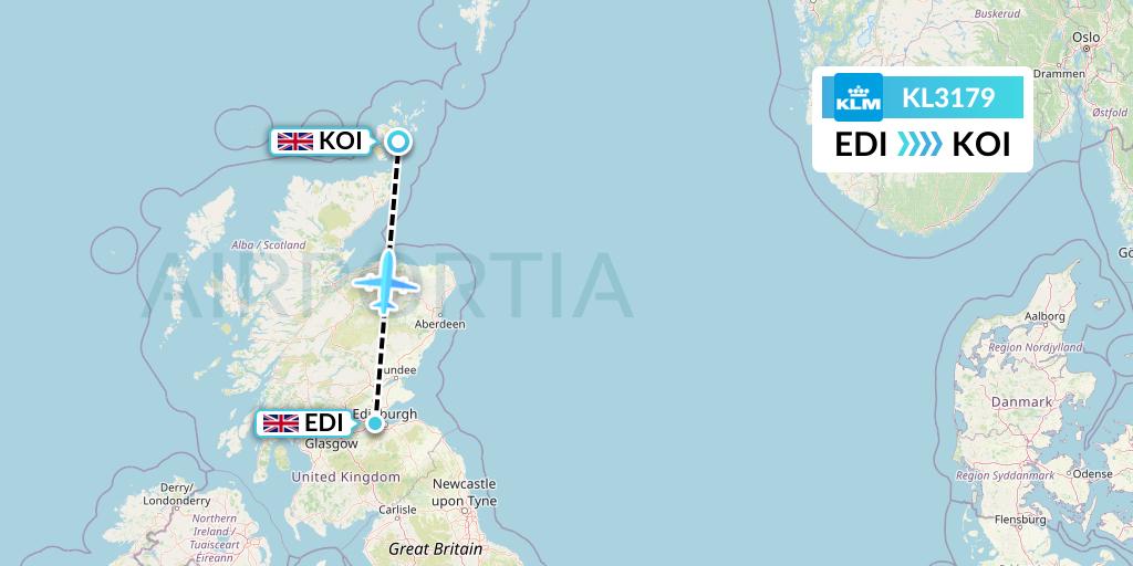 KL3179 KLM Flight Map: Edinburgh to Kirkwall