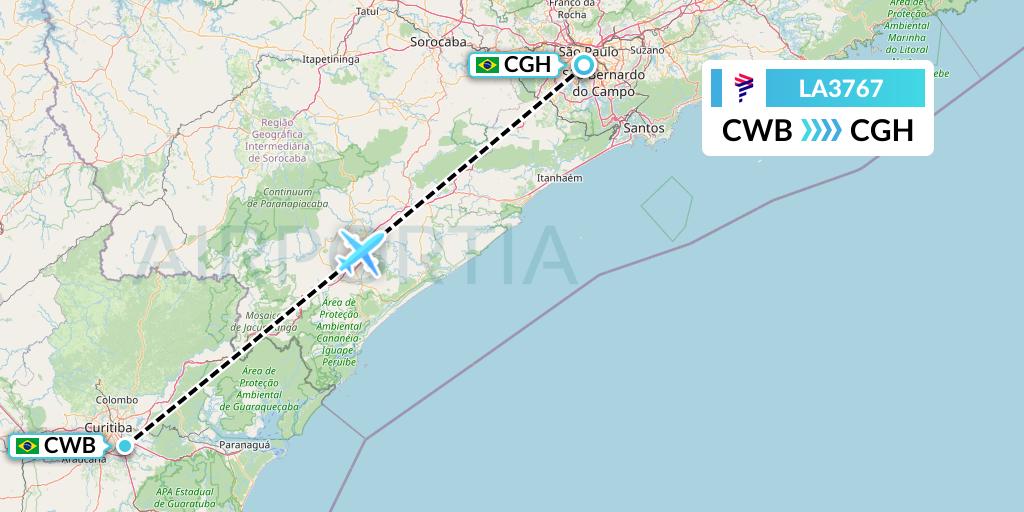 LA3767 LAN Airlines Flight Map: Curitiba to Sao Paulo