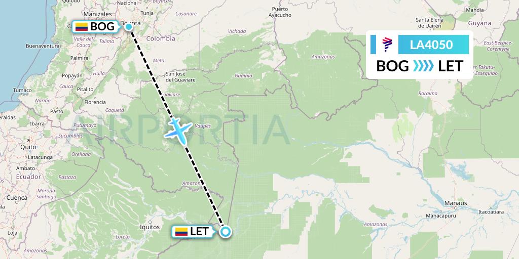 LA4050 LAN Airlines Flight Map: Bogota to Leticia