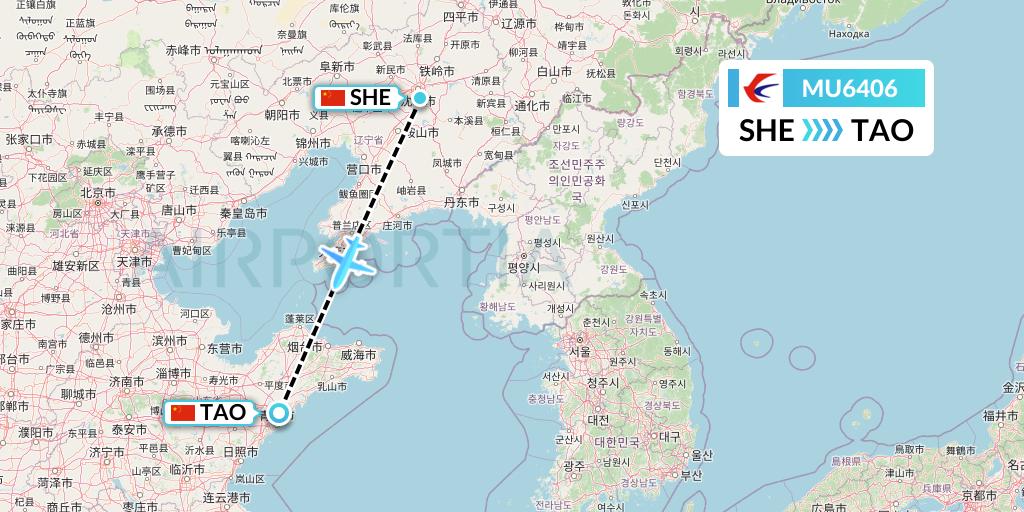 MU6406 China Eastern Airlines Flight Map: Shenyang to Qingdao