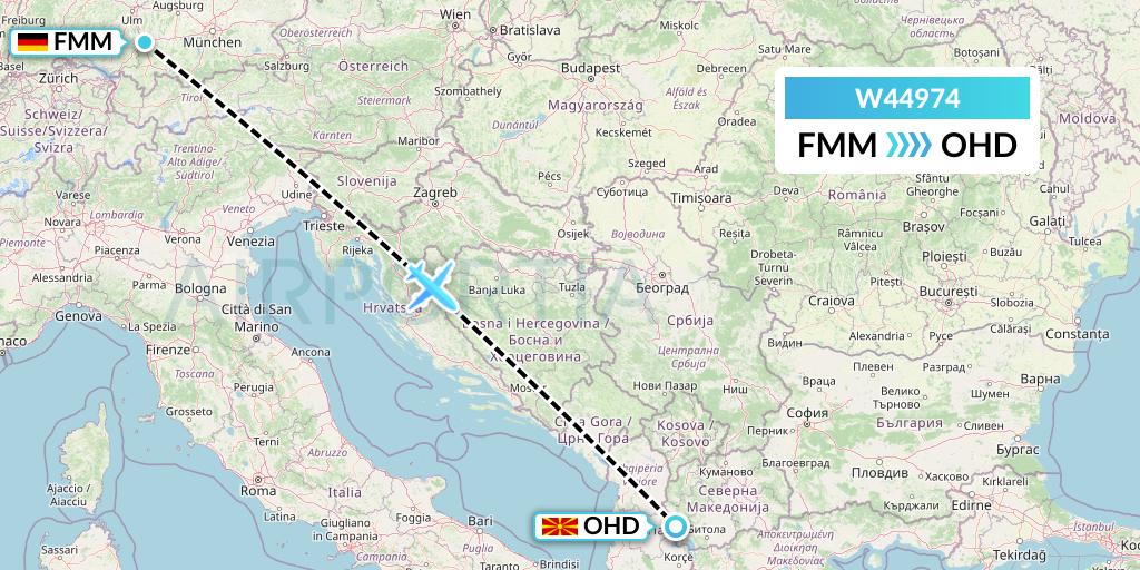 W44974 Wizz Air Malta Flight Map: Memmingen to Ohrid