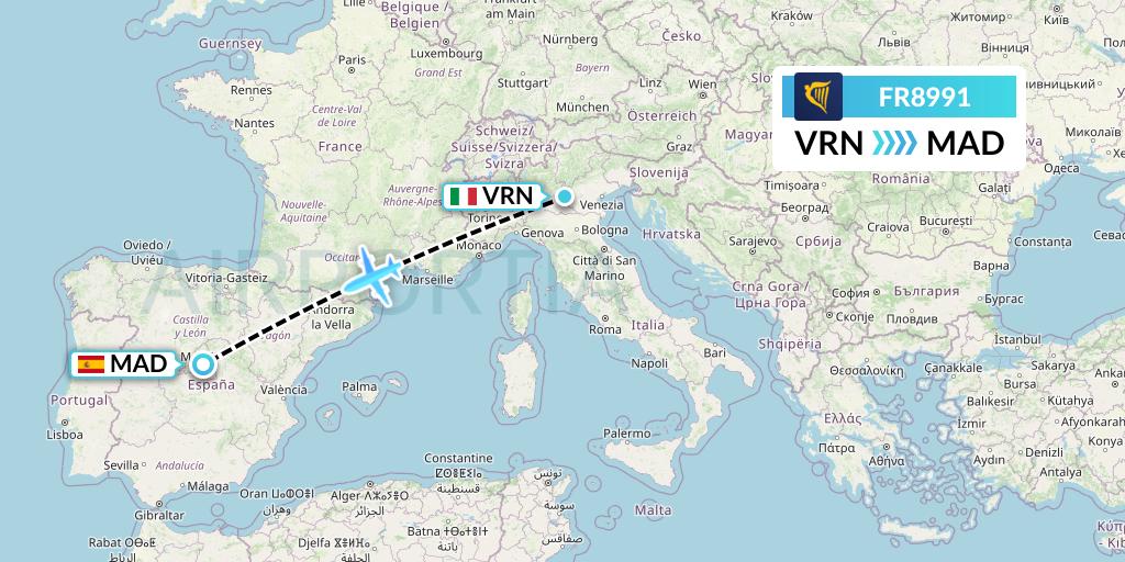 FR8991 Ryanair Flight Map: Verona to Madrid