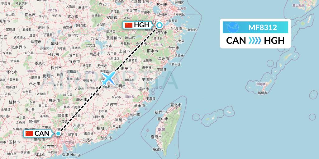 MF8312 Xiamen Airlines Flight Map: Guangzhou to Hangzhou