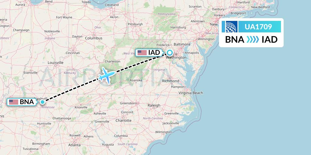 UA1709 United Airlines Flight Map: Nashville to Washington
