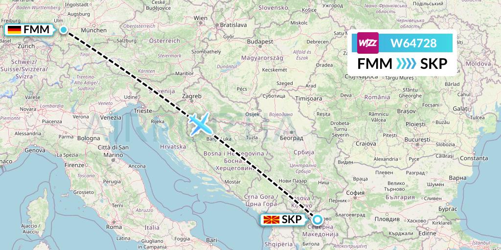 W64728 Wizz Air Flight Map: Memmingen to Skopje