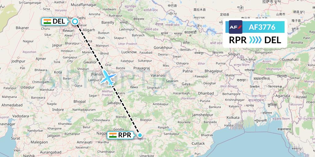 AF3776 Air France Flight Map: Raipur to Delhi