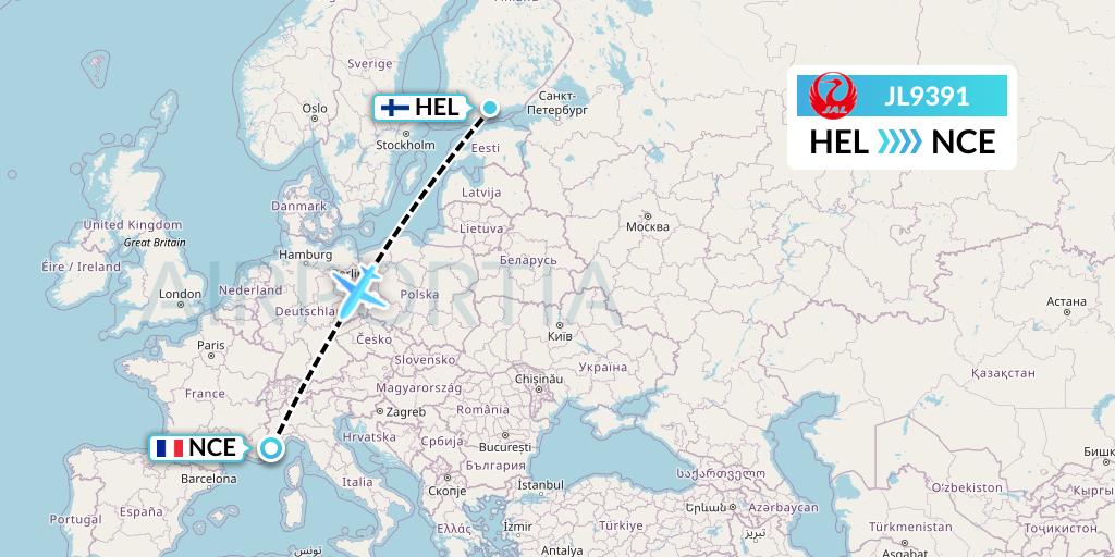 JL9391 Japan Airlines Flight Map: Helsinki to Nice
