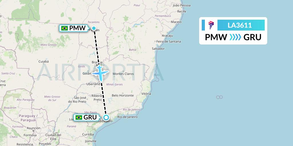 LA3611 LAN Airlines Flight Map: Palmas to Sao Paulo