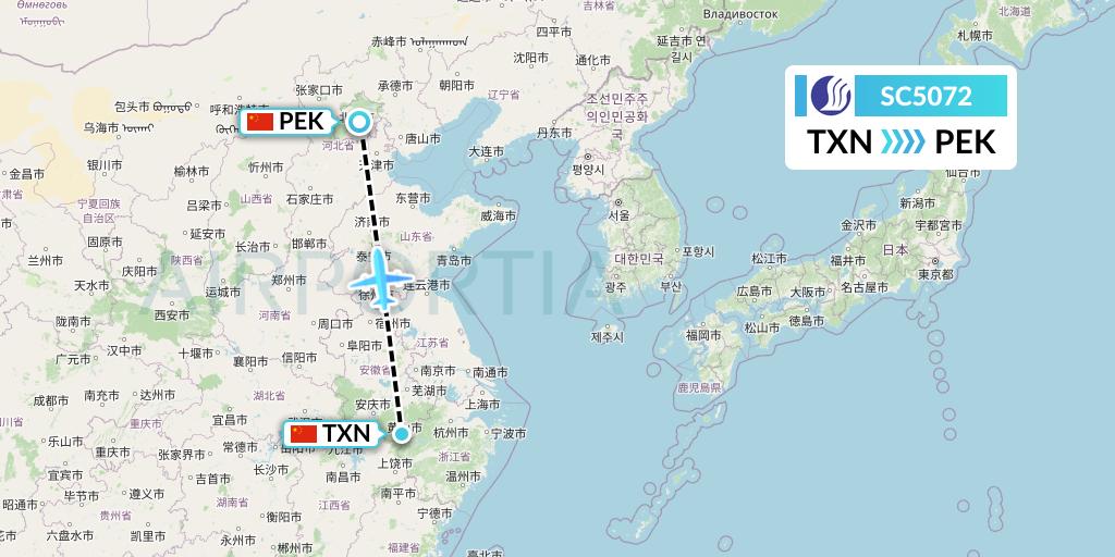 SC5072 Shandong Airlines Flight Map: Huangshan City to Beijing