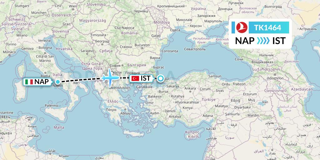 TK1464 Turkish Airlines Flight Map: Naples to Istanbul