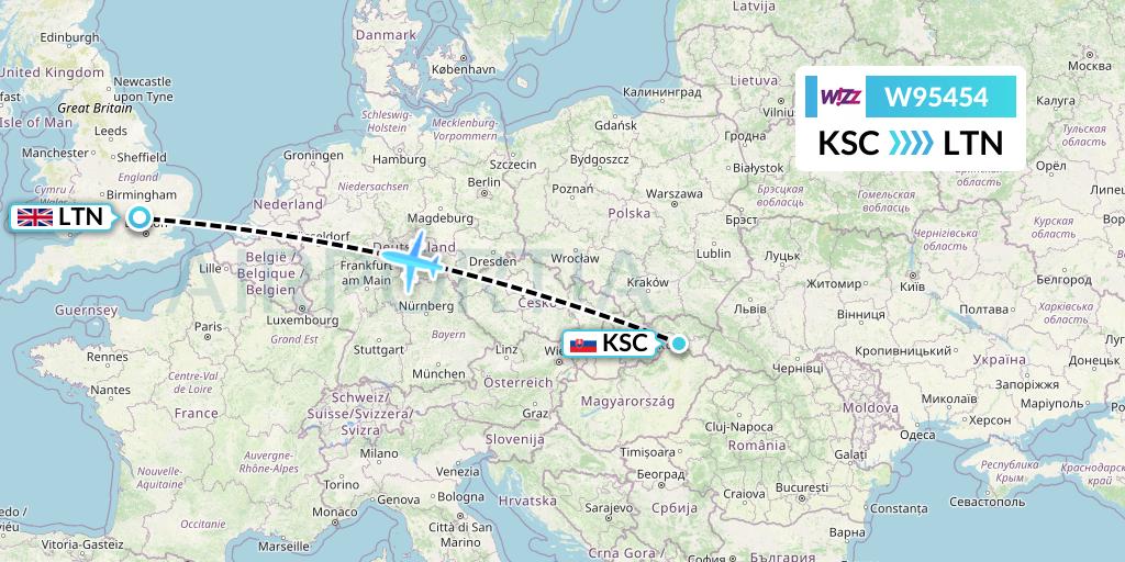 W95454 Wizz Air UK Flight Map: Kosice to London