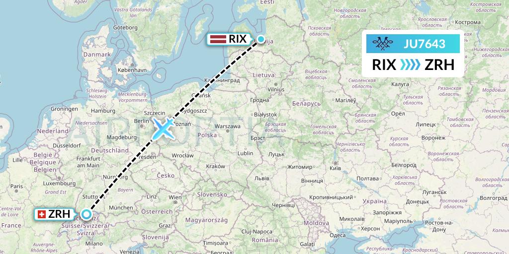 JU7643 AirSERBIA Flight Map: Riga to Zurich