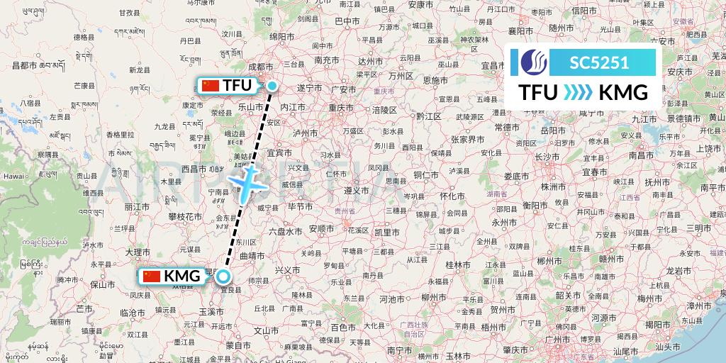SC5251 Shandong Airlines Flight Map: Chengdu to Kunming