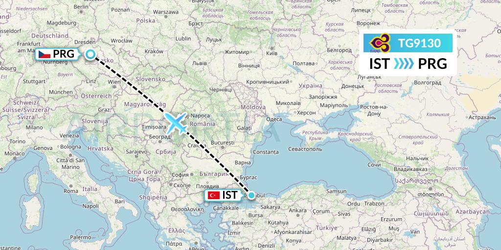 TG9130 Thai Airways Flight Map: Istanbul to Prague