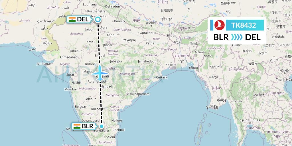 TK8432 Turkish Airlines Flight Map: Bangalore to Delhi