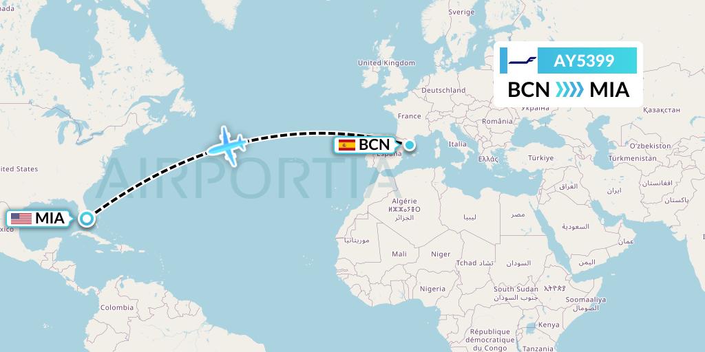 AY5399 Finnair Flight Map: Barcelona to Miami
