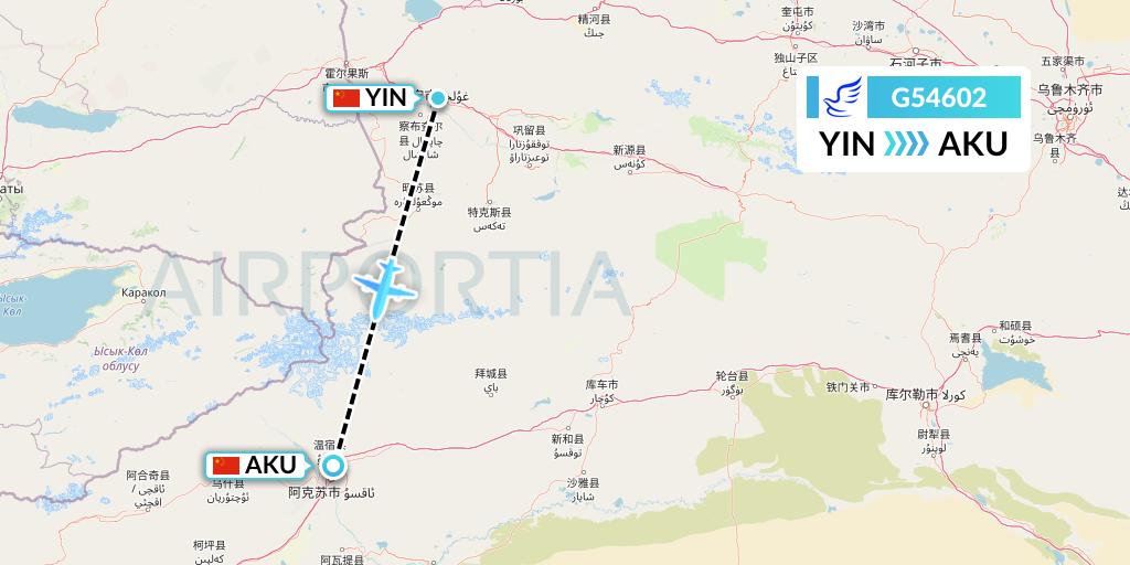 G54602 China Express Airlines Flight Map: Yining to Aksu