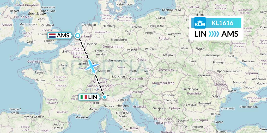 KL1616 KLM Flight Map: Milan to Amsterdam