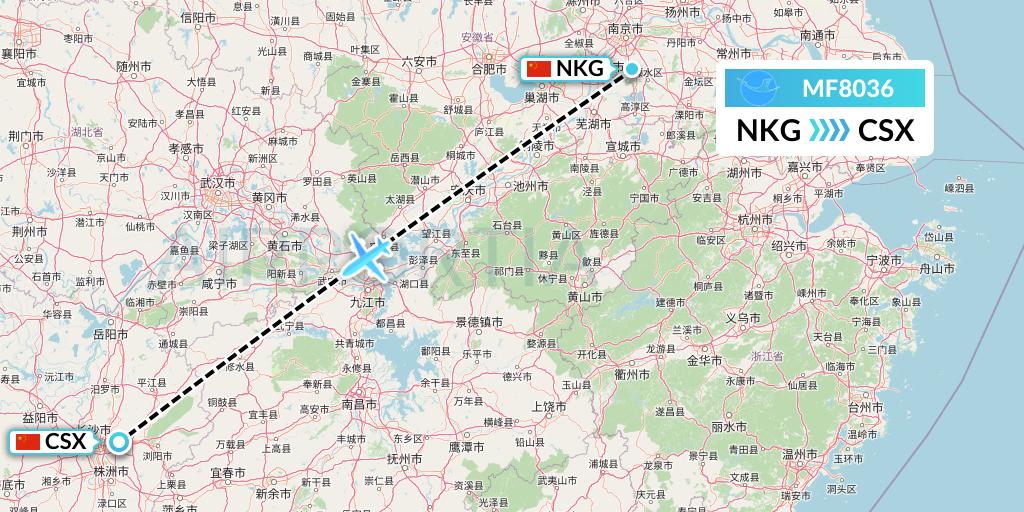 MF8036 Xiamen Airlines Flight Map: Nanjing to Changsha