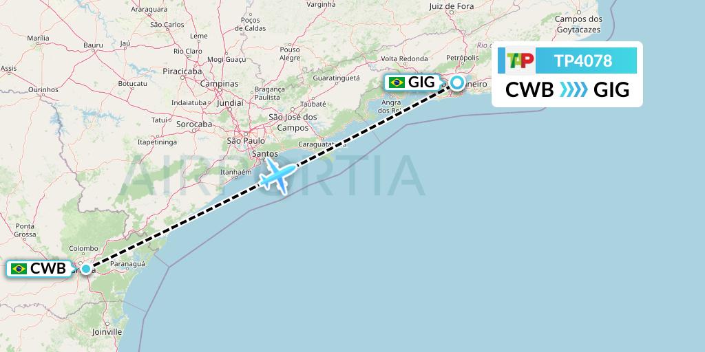 TP4078 TAP Portugal Flight Map: Curitiba to Rio de Janeiro