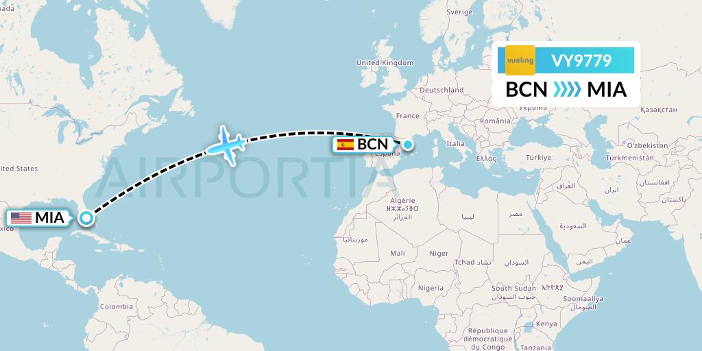 VY9779 Vueling Flight Map: Barcelona to Miami