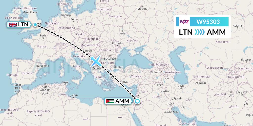 W95303 Wizz Air UK Flight Map: London to Amman