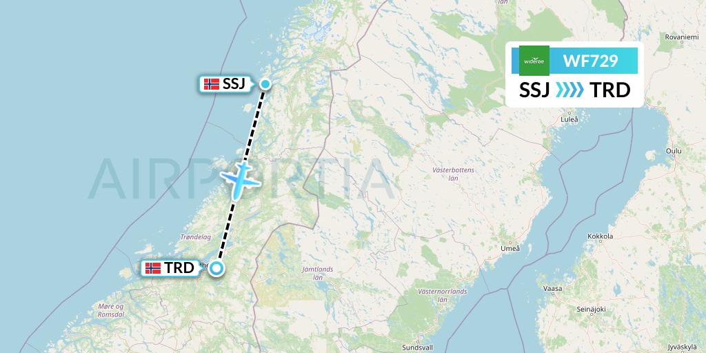 WF729 Wideroe Flight Map: Sandnessjoen to Trondheim