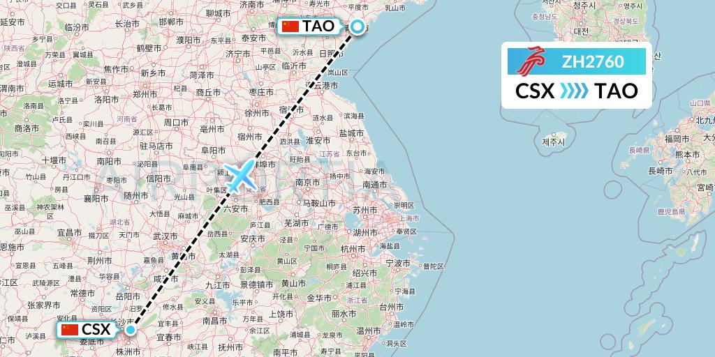 ZH2760 Shenzhen Airlines Flight Map: Changsha to Qingdao