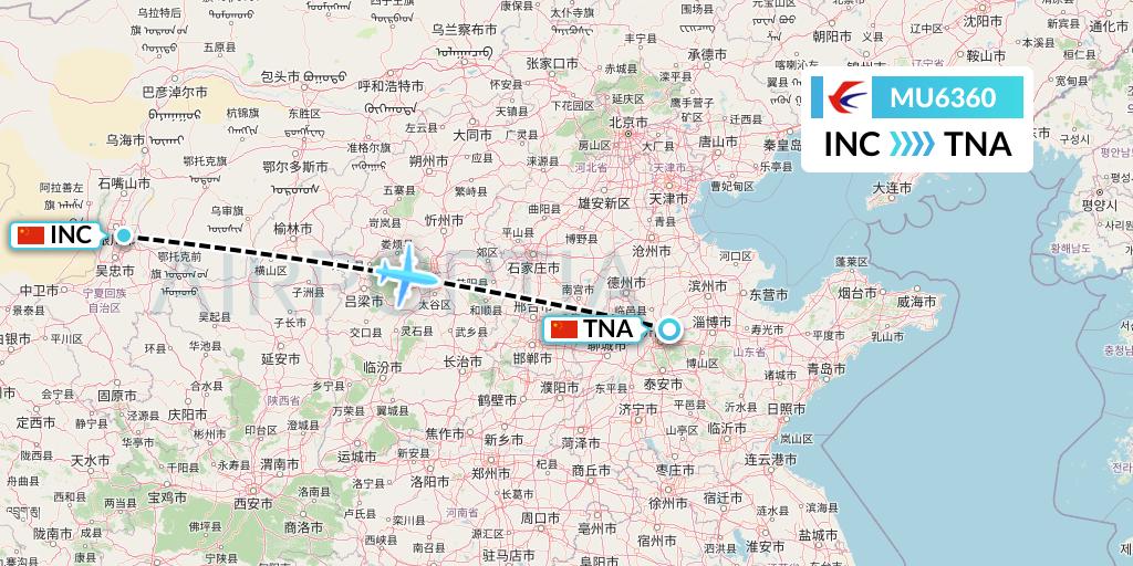 MU6360 China Eastern Airlines Flight Map: Yinchuan to Jinan
