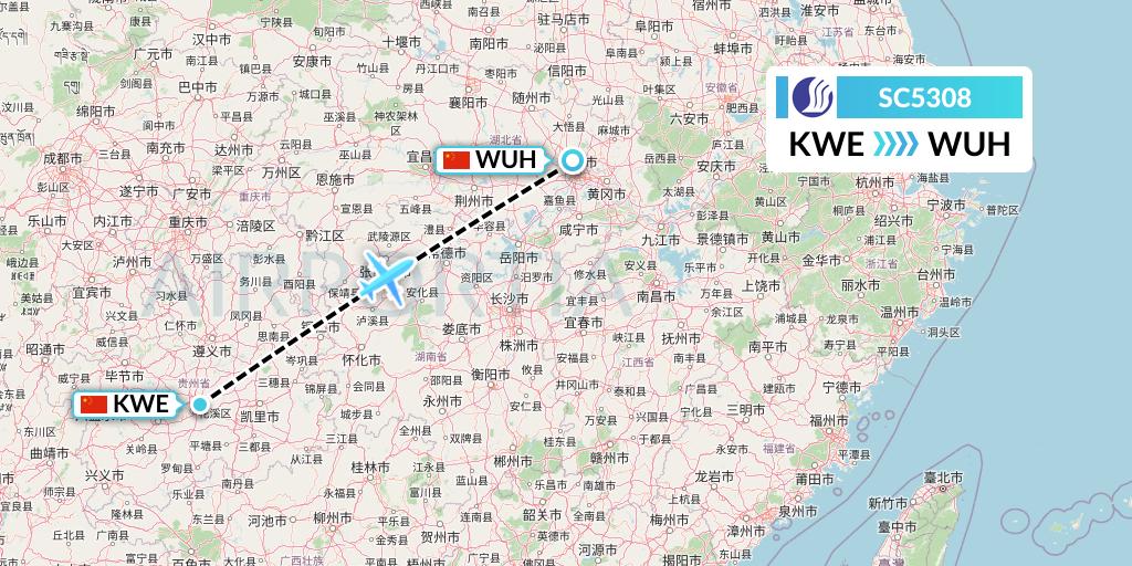 SC5308 Shandong Airlines Flight Map: Guiyang to Wuhan