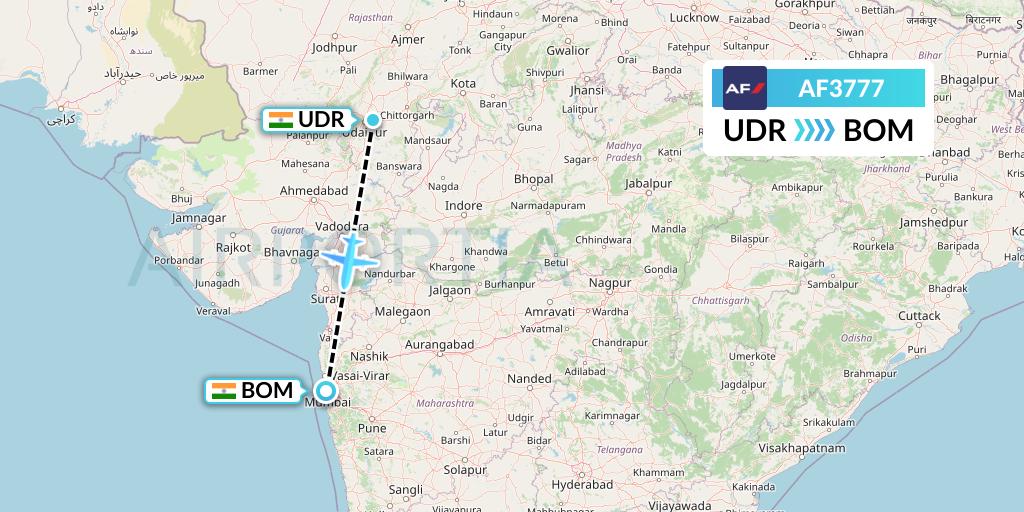 AF3777 Air France Flight Map: Udaipur to Mumbai