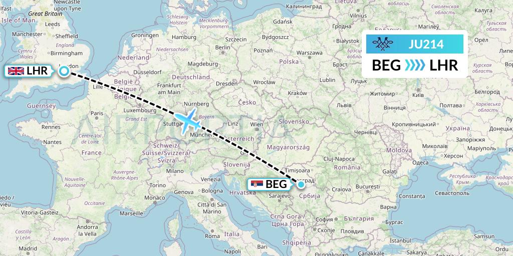 JU214 AirSERBIA Flight Map: Belgrade to London