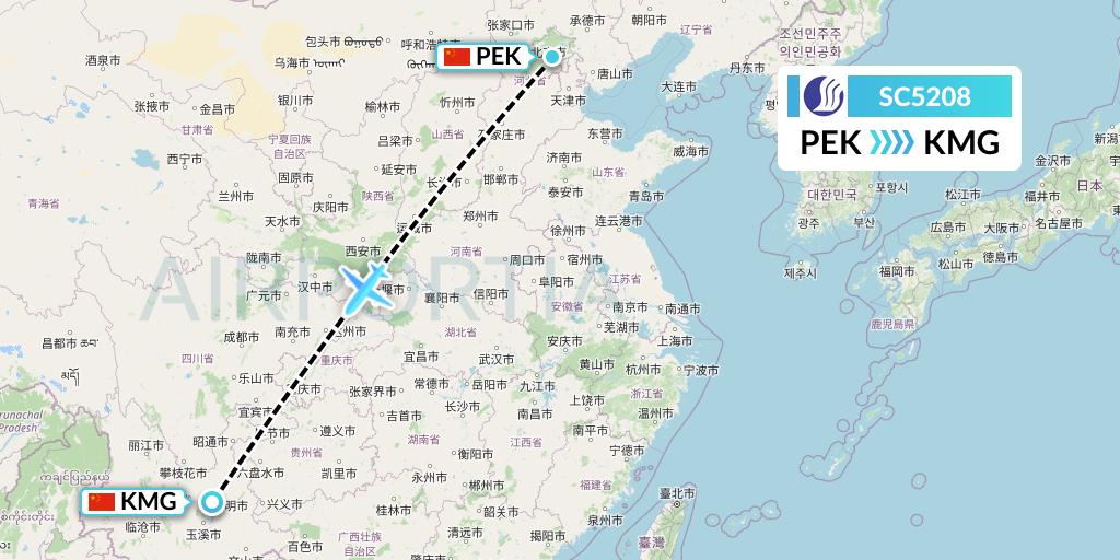 SC5208 Shandong Airlines Flight Map: Beijing to Kunming