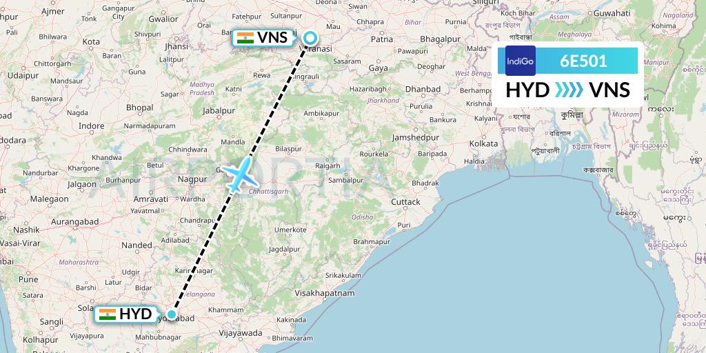 6E501 IndiGo Airlines Flight Map: Hyderabad to Varanasi