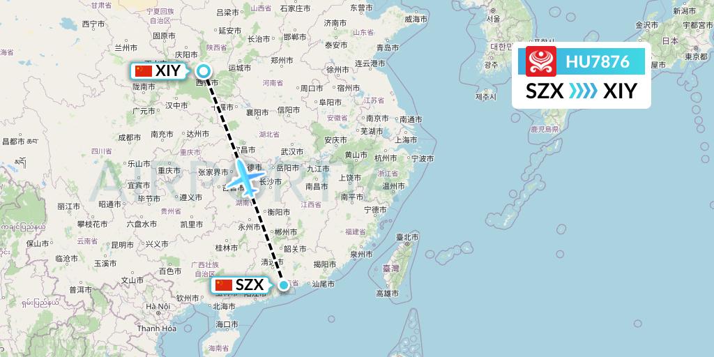 HU7876 Hainan Airlines Flight Map: Shenzhen to Xi'an