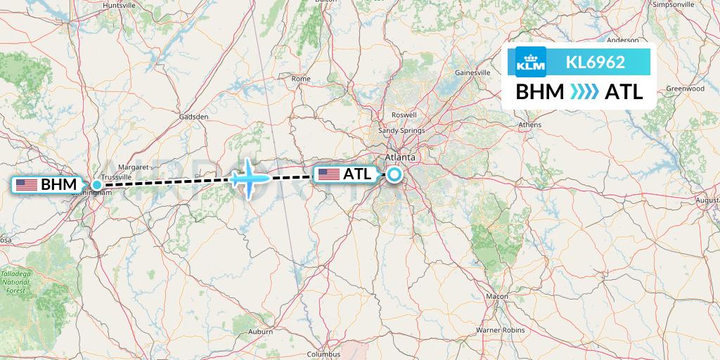 KL6962 KLM Flight Map: Birmingham to Atlanta