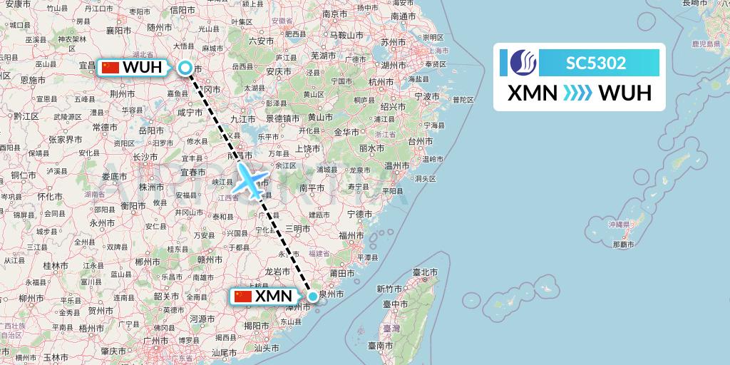 SC5302 Shandong Airlines Flight Map: Xiamen to Wuhan