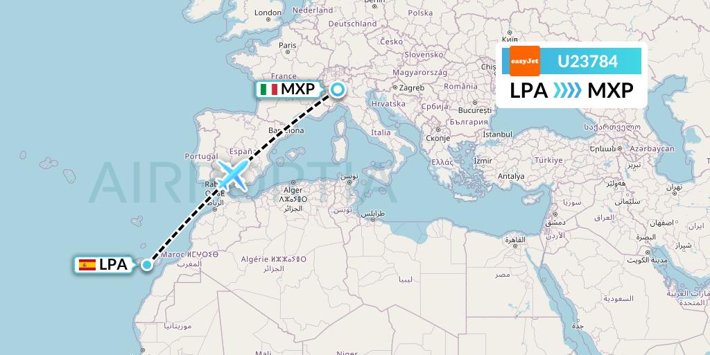 U23784 EasyJet Flight Map: Las Palmas to Milan