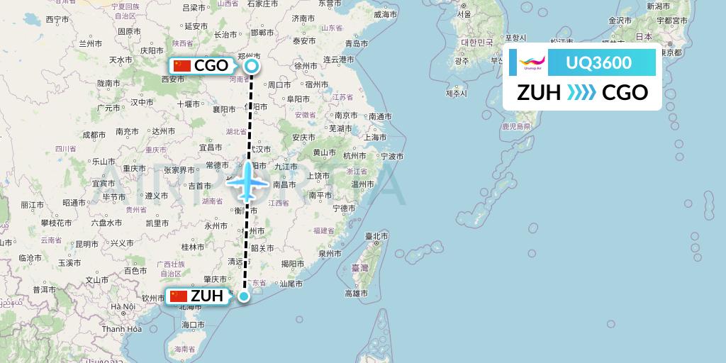 UQ3600 Urumqi Airlines Flight Map: Zhuhai to Zhengzhou