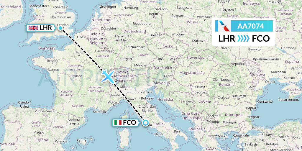 AA7074 American Airlines Flight Map: London to Rome