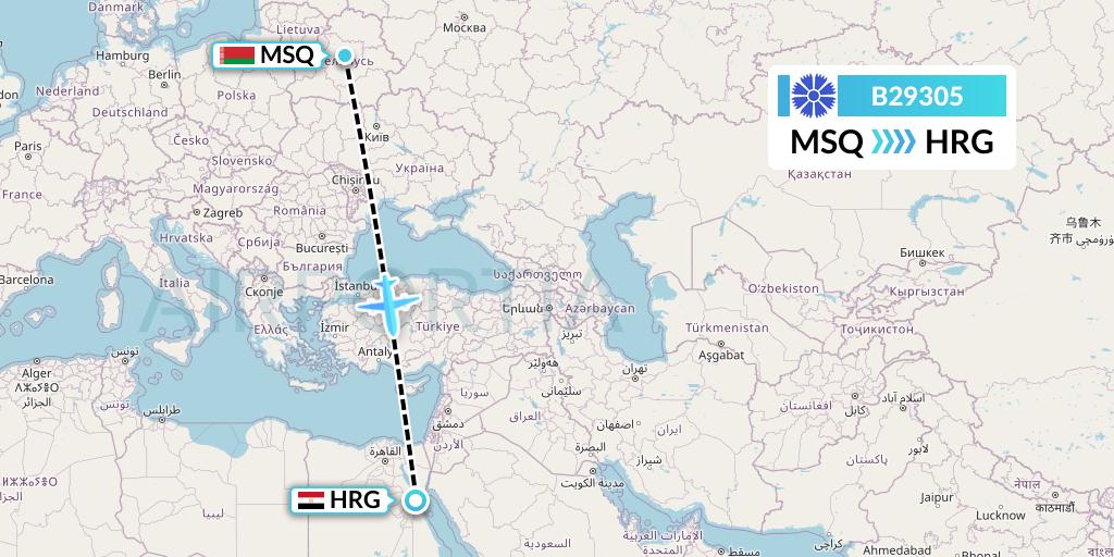 B29305 Belavia Flight Map: Minsk to Hurghada