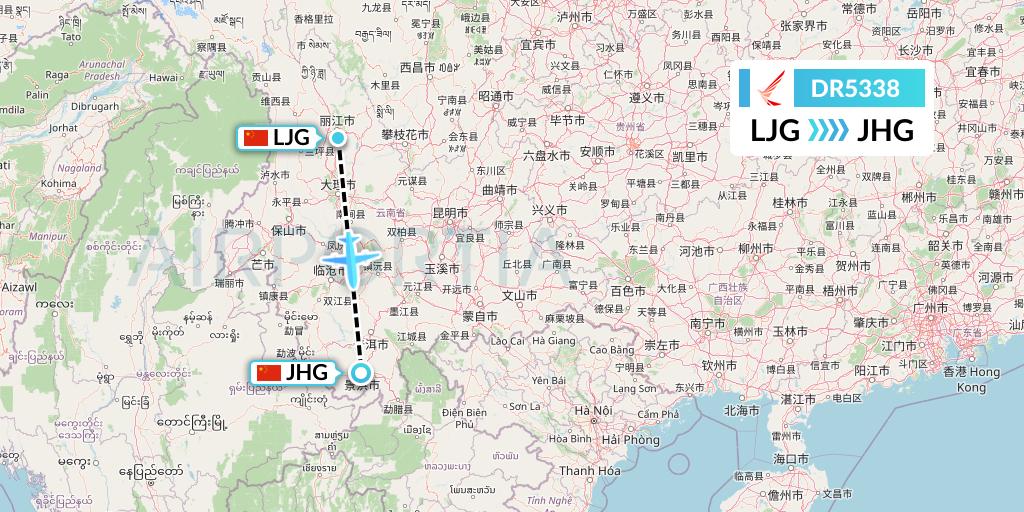 DR5338 Ruili Airlines Flight Map: Lijiang to Jinghong