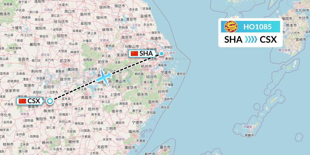 HO1085 Juneyao Airlines Flight Map: Shanghai to Changsha